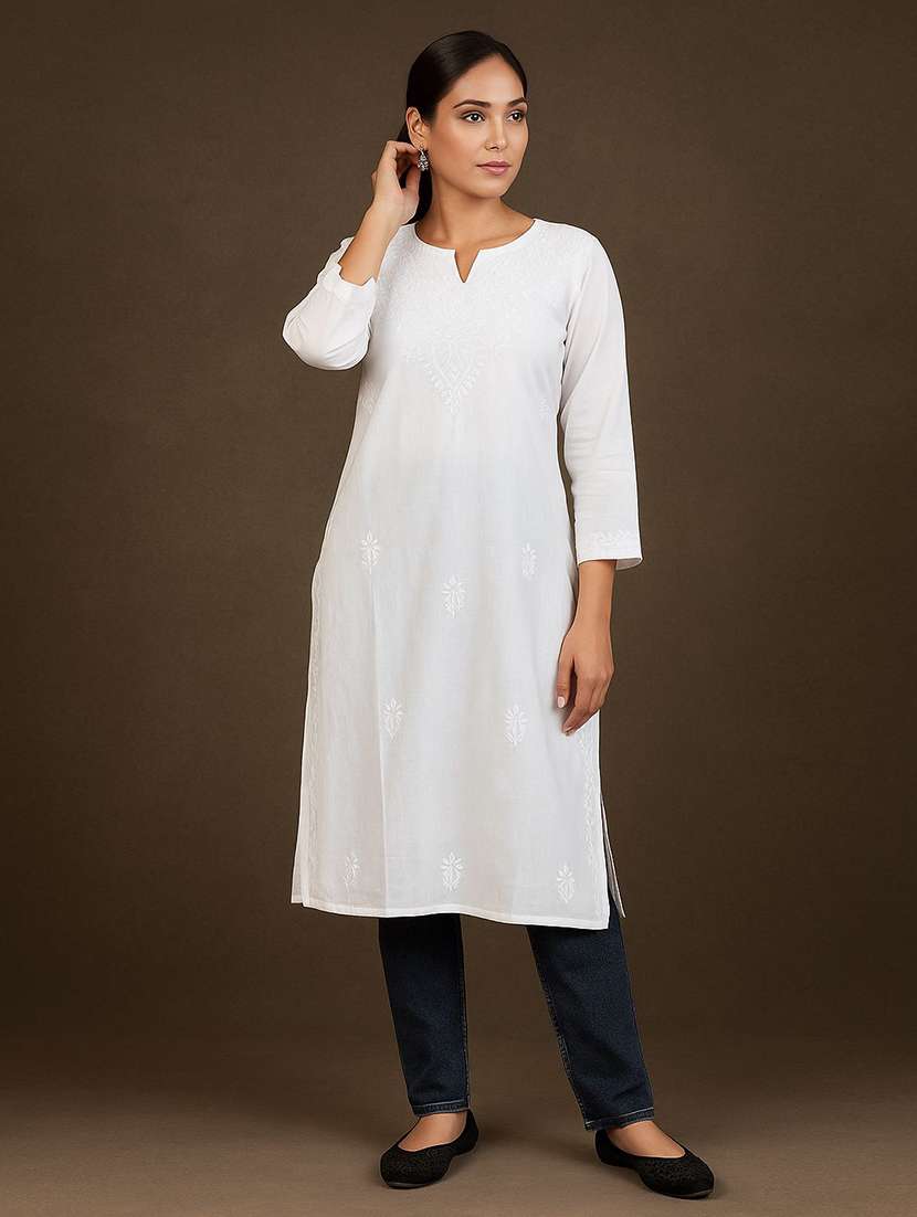 women embroidered three quarter sleeve straight kurta - 22147990 -  Standard Image - 2