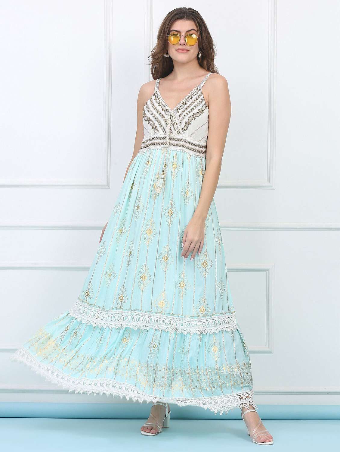 majestic by baani women fit and flare blue maxi dress