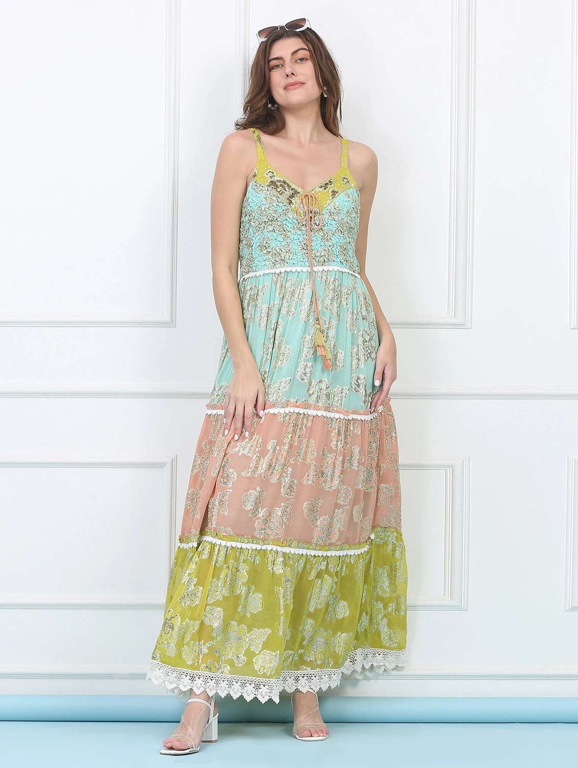 majestic by baani women tiered multicolor maxi length dress