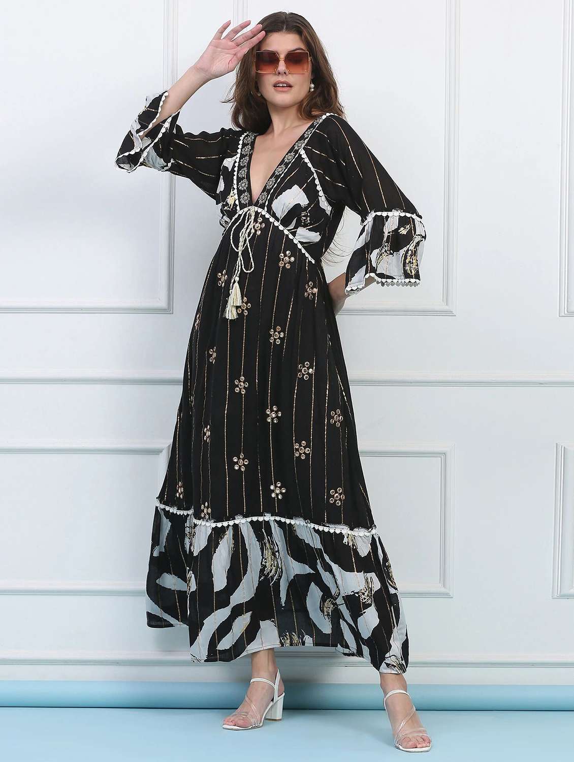 majestic by baani women cinched waist black maxi length dress