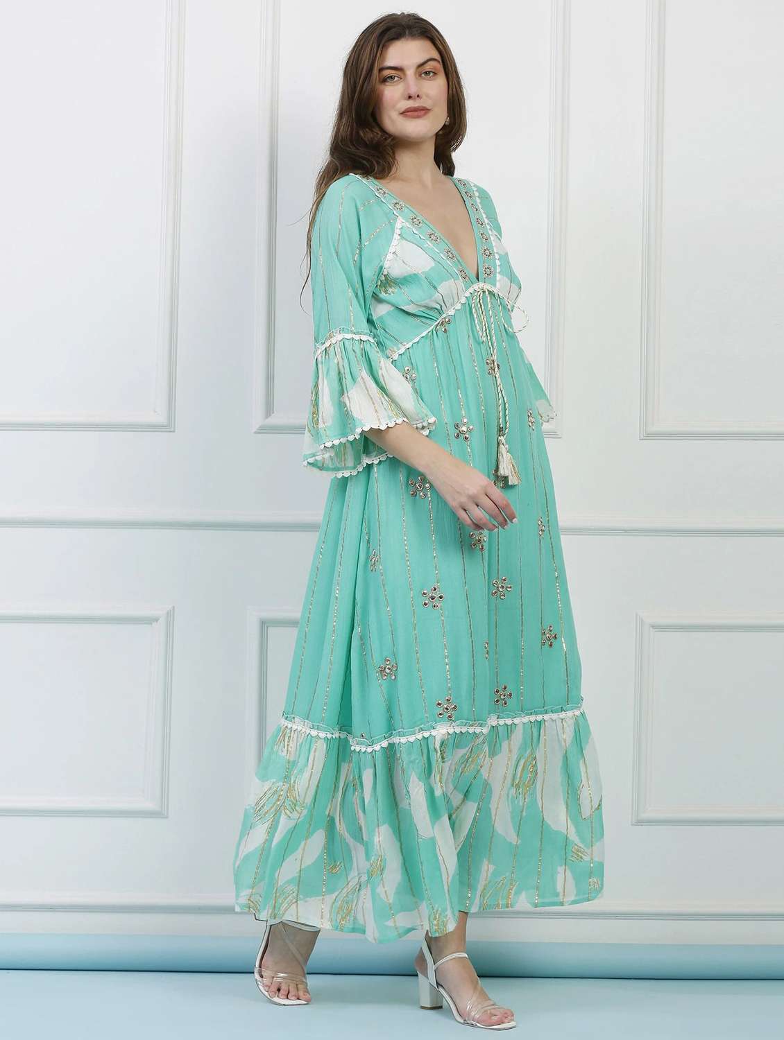 majestic by baani women cinched waist green maxi length dress - 22148058 -  Standard Image - 2