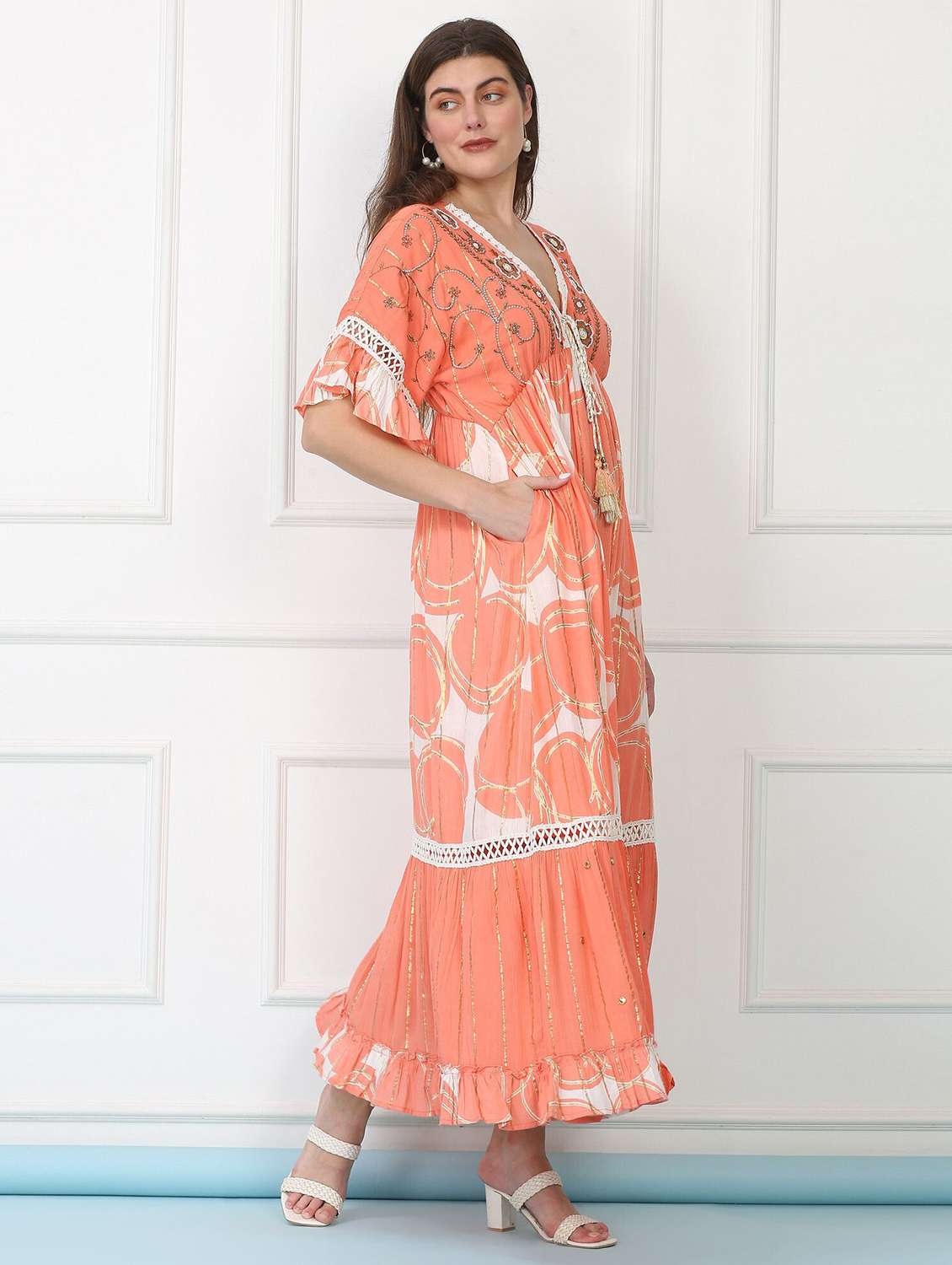 majestic by baani women cinched waist orange maxi length dress - 22148065 -  Standard Image - 2