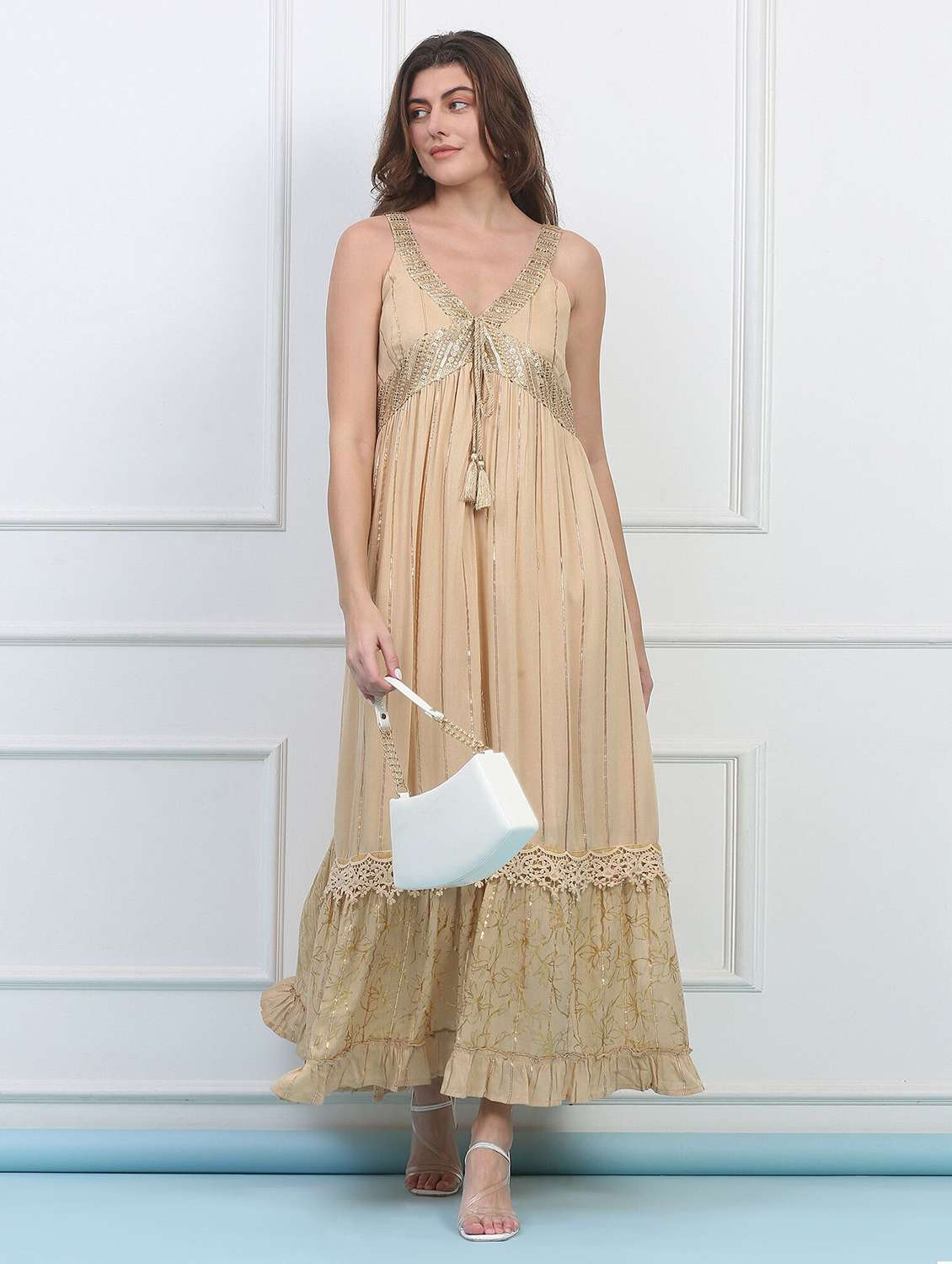 majestic by baani women tiered brown maxi length dress