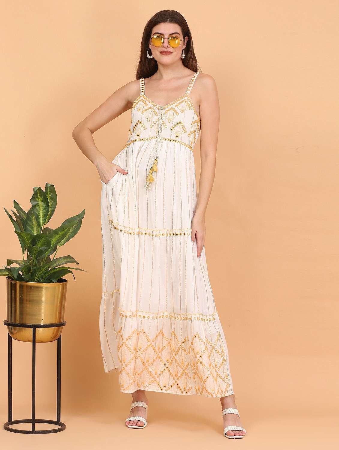 majestic by baani women tiered yellow maxi length dress