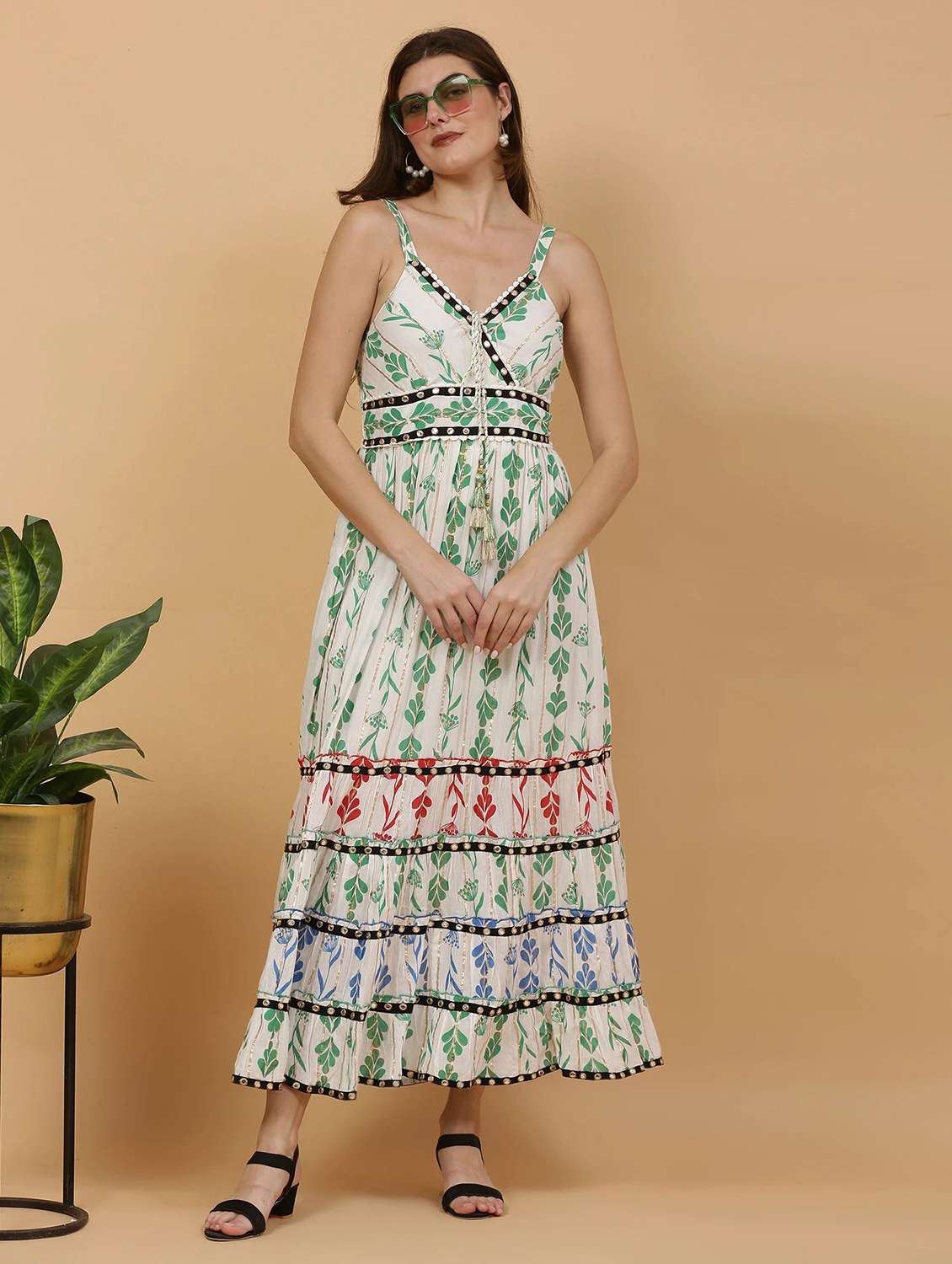 majestic by baani women tiered green maxi length dress