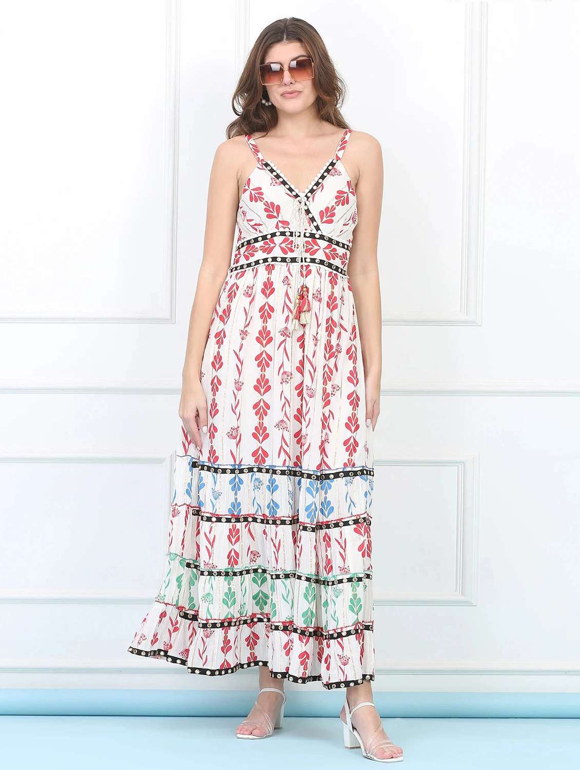 women printed shoulder strap tiered dress