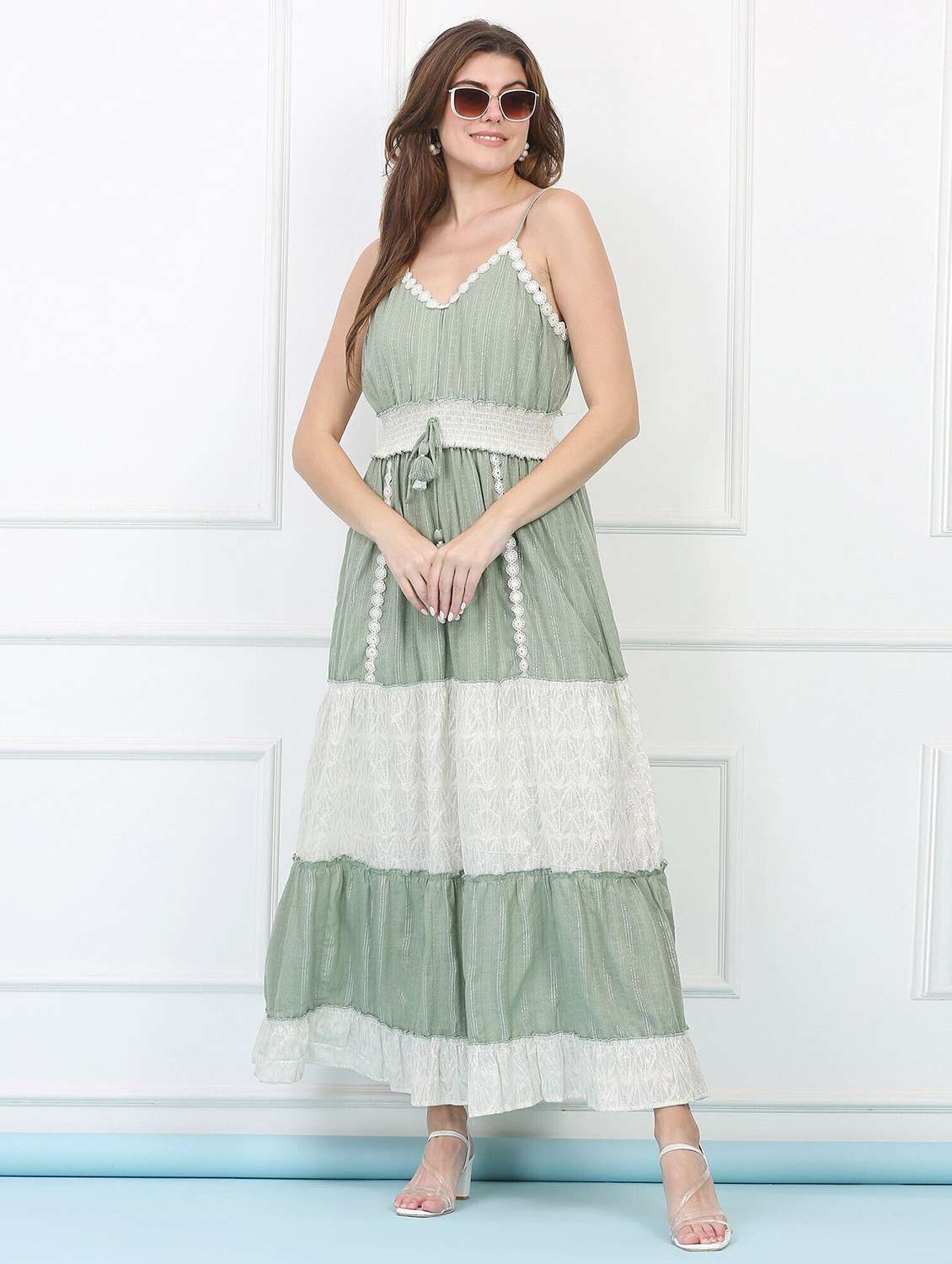 majestic by baani women tiered light green maxi length dress