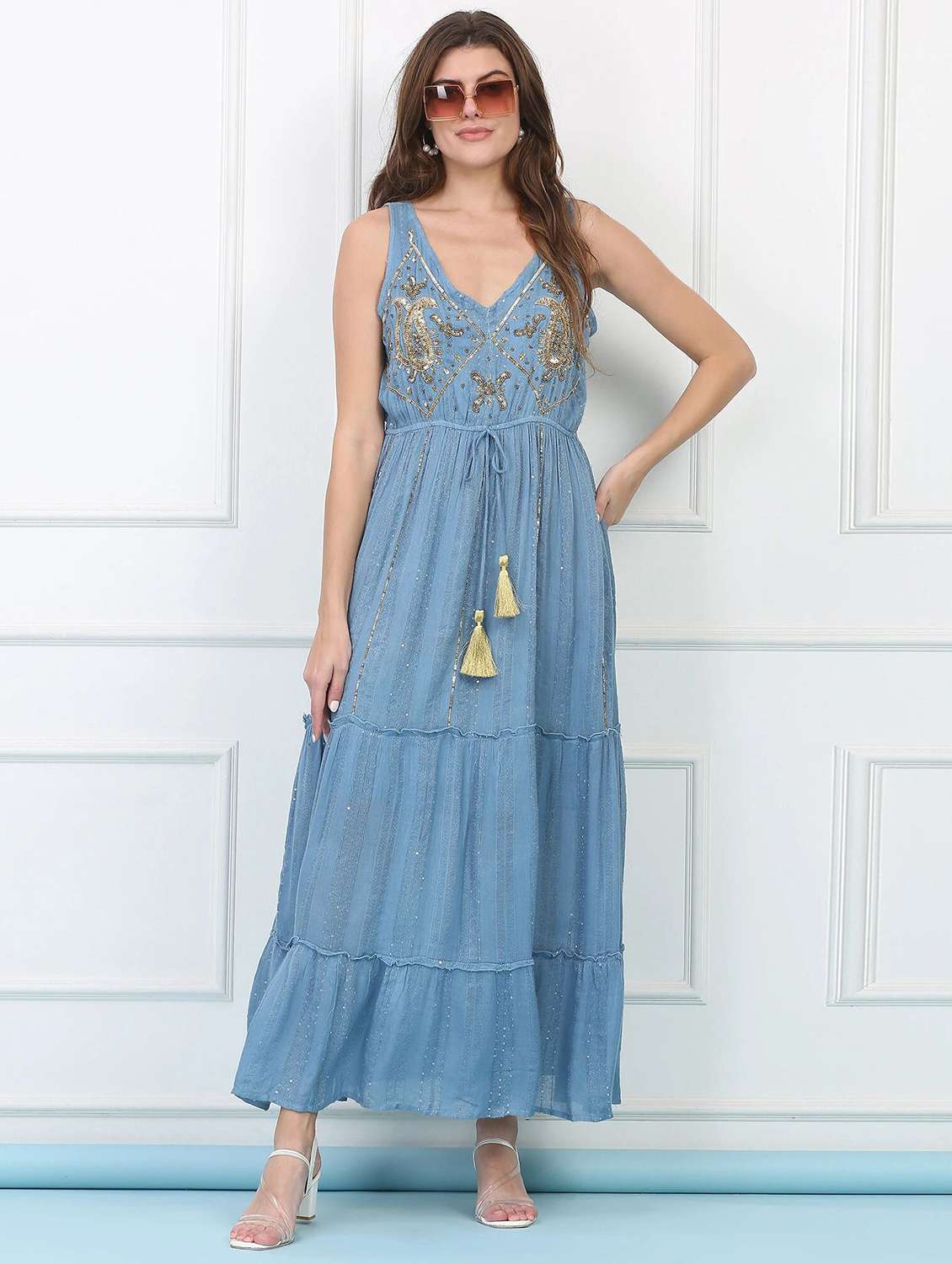 majestic by baani women tiered blue maxi length dress