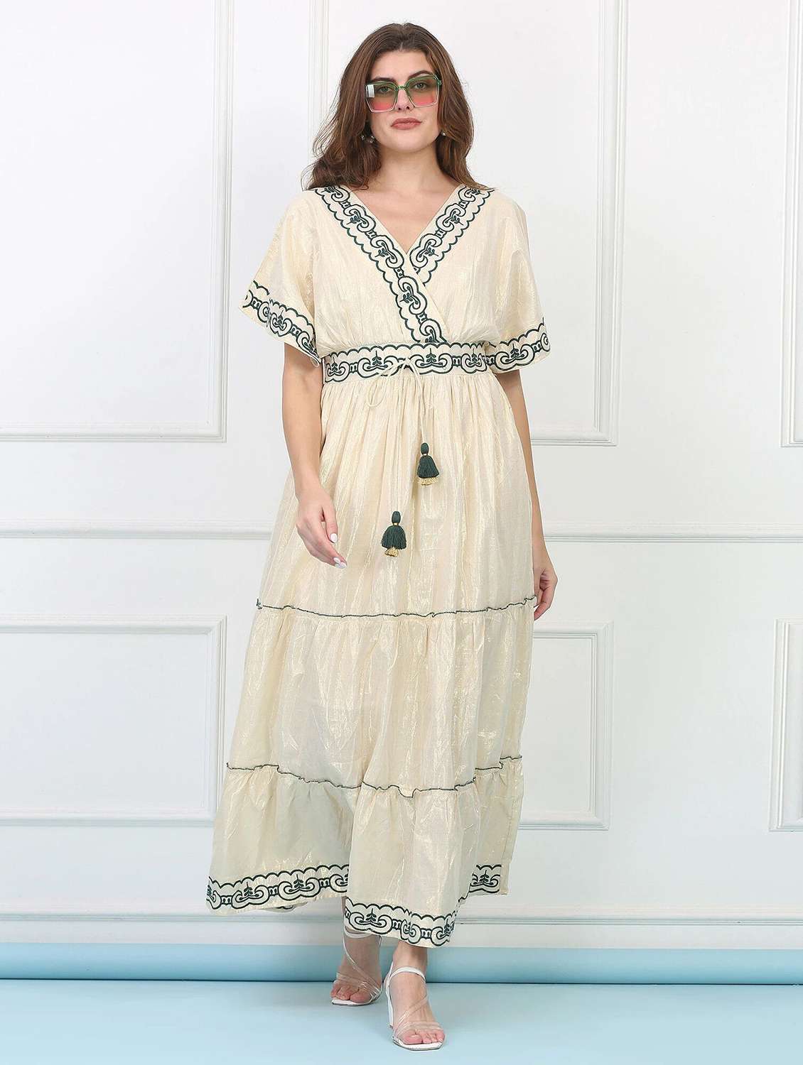 majestic by baani women tiered beige maxi length dress