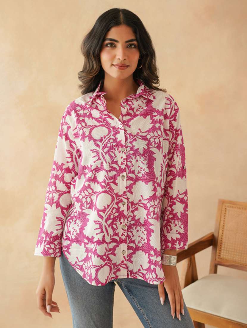 women printed long sleeve collared regular shirt