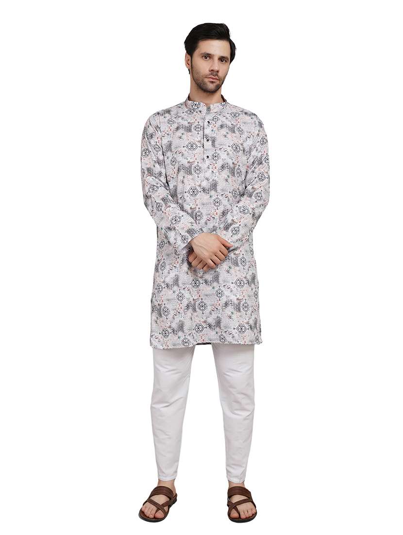 men printed long sleeve kurta with trousers ethnic wear set