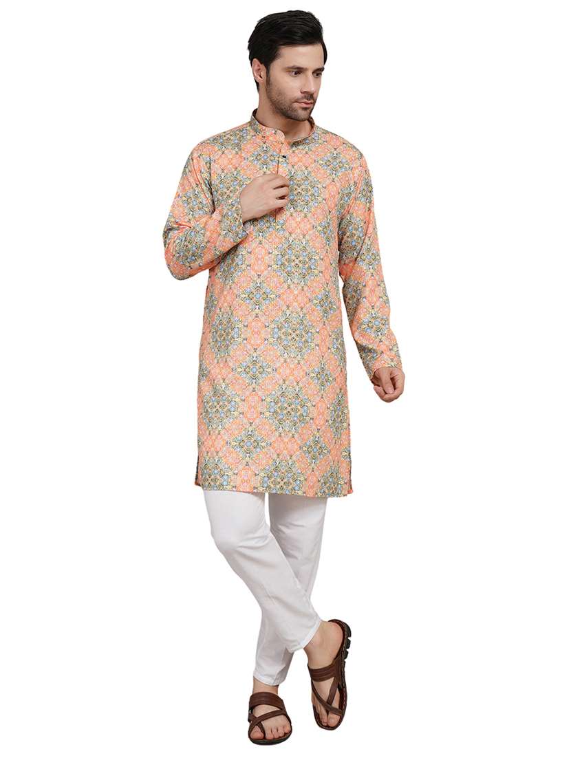 men printed mandarin neck kurta with trousers ethnic wear set