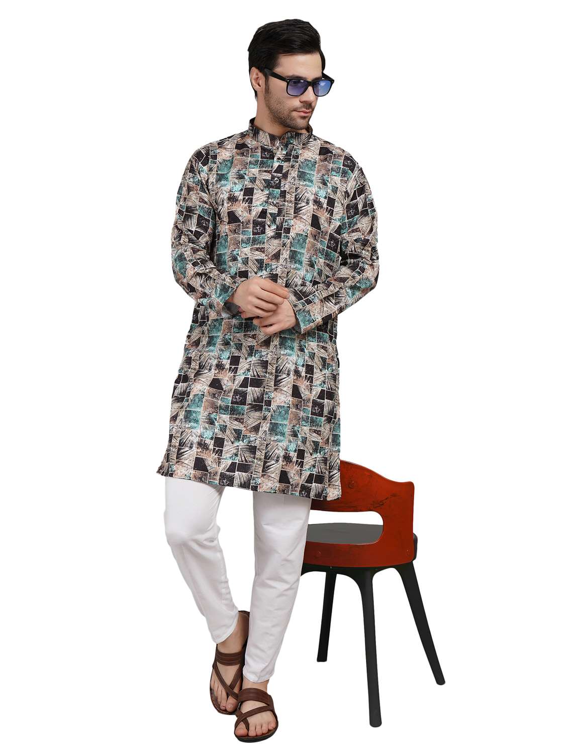 men printed mandarin neck kurta with trousers ethnic wear set