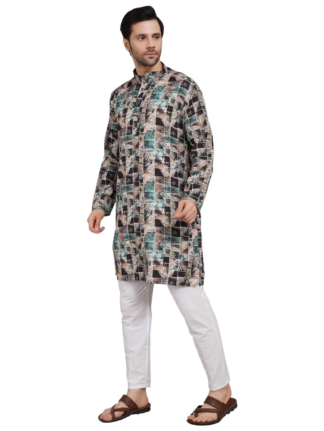 men printed mandarin neck kurta with trousers ethnic wear set - 22148281 -  Standard Image - 2
