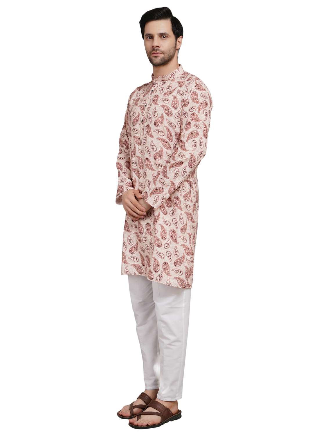 men paisley mandarin neck kurta with trousers ethnic wear set - 22148282 -  Standard Image - 2