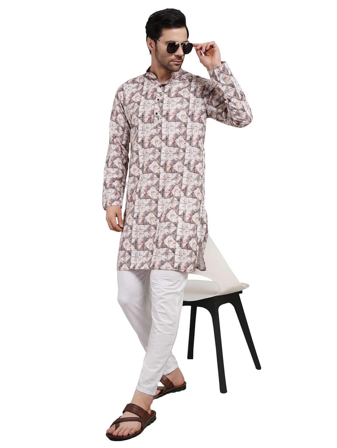 men printed mandarin neck kurta with trousers ethnic wear set