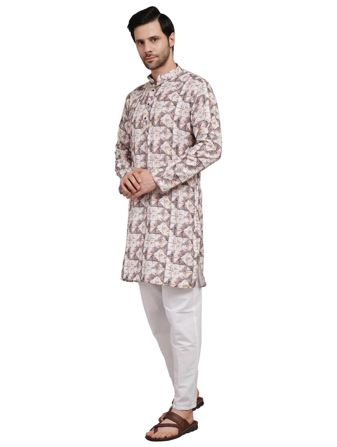 men printed mandarin neck kurta with trousers ethnic wear set - 22148284 -  Standard Image - 2