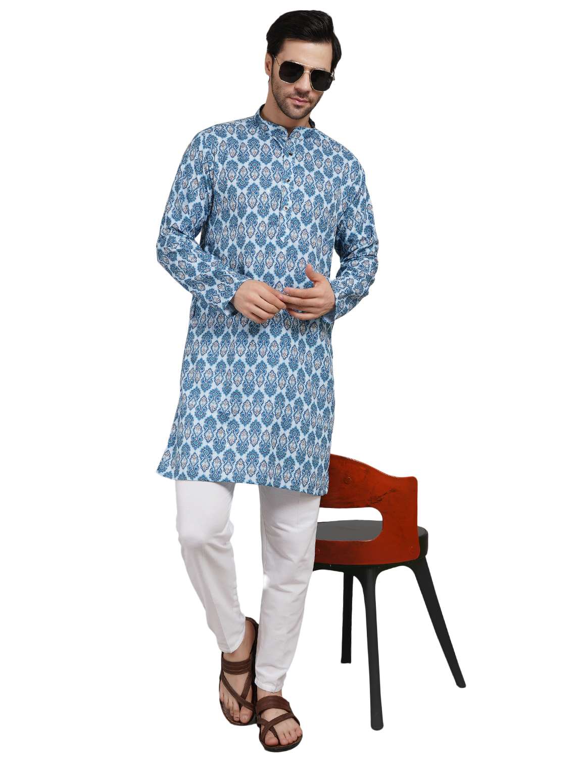 men printed mandarin neck kurta with trousers ethnic wear set