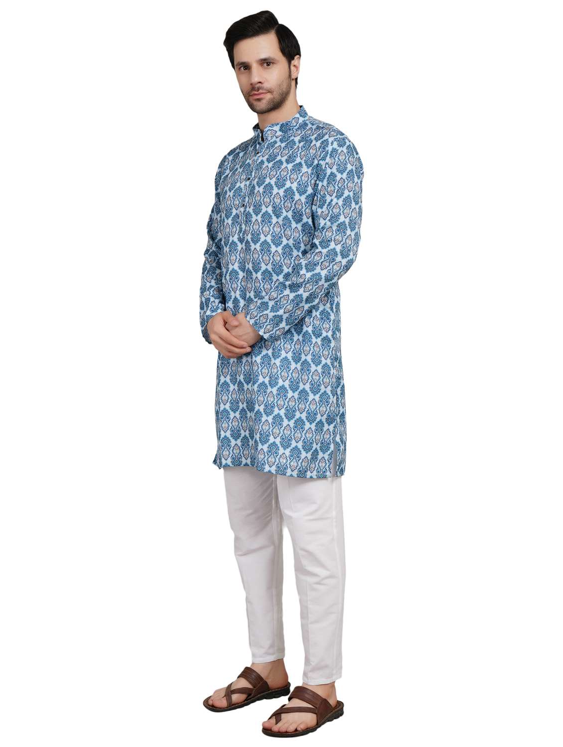 men printed mandarin neck kurta with trousers ethnic wear set - 22148285 -  Standard Image - 2