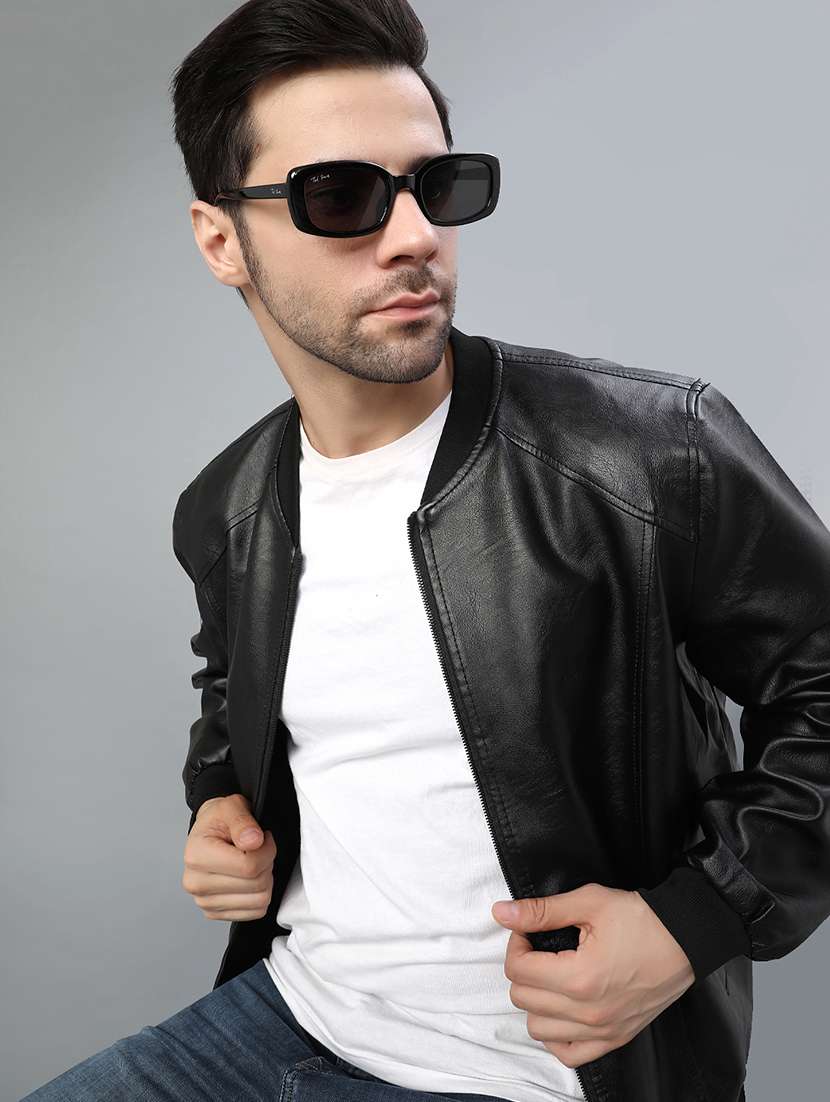 men solid long sleeve biker jacket