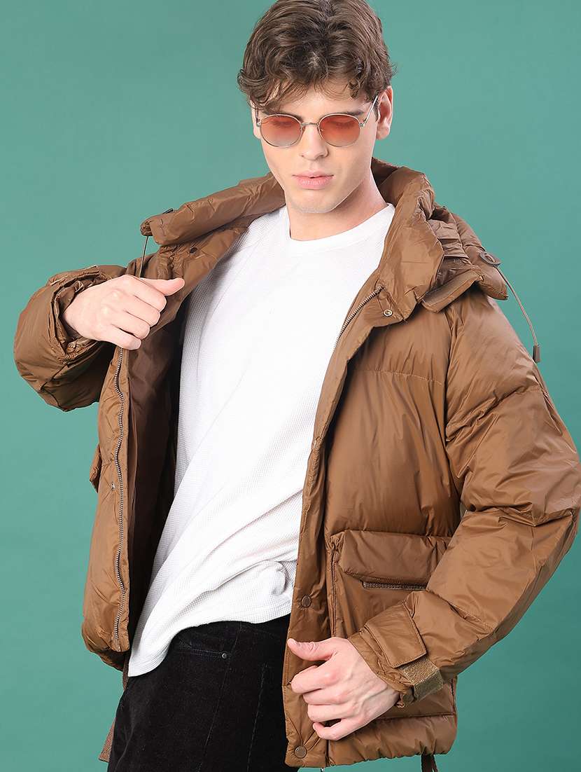 men solid long sleeve puffer jacket