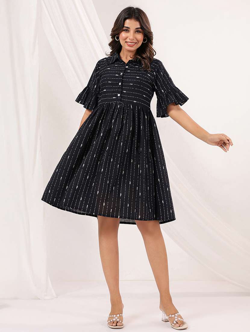 women printed collared bell sleeve a-line dress - 22156216 -  Standard Image - 2