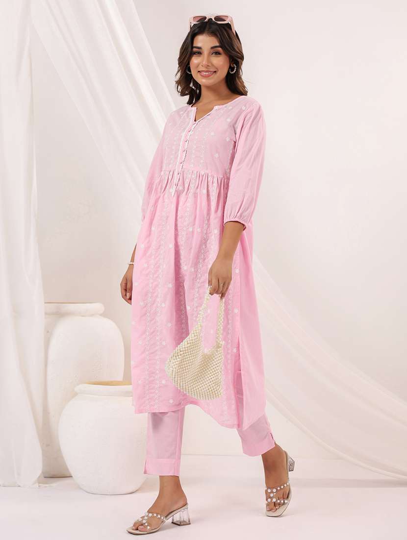 women embroidered three quarter sleeve kurta pant set - 22156218 -  Standard Image - 2