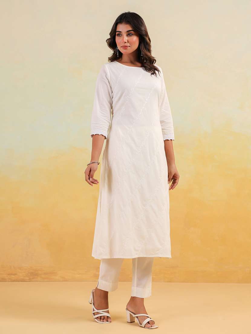 women embroidered three quarter sleeve kurta pant set - 22156219 -  Standard Image - 2