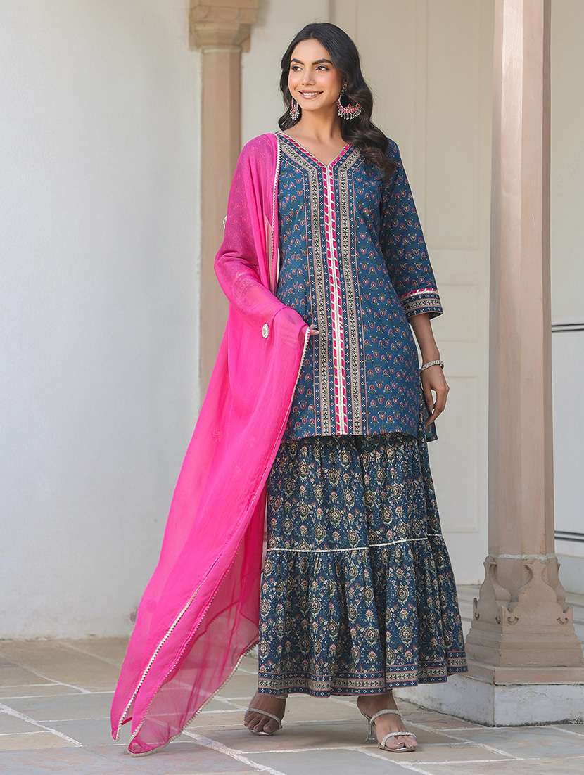 women printed three quarter sleeve kurta sharara with dupatta set