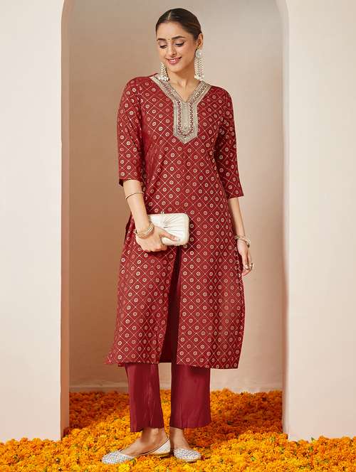 women embroidered three quarter sleeve kurta pant set - 22156232 - Standard Image - 0