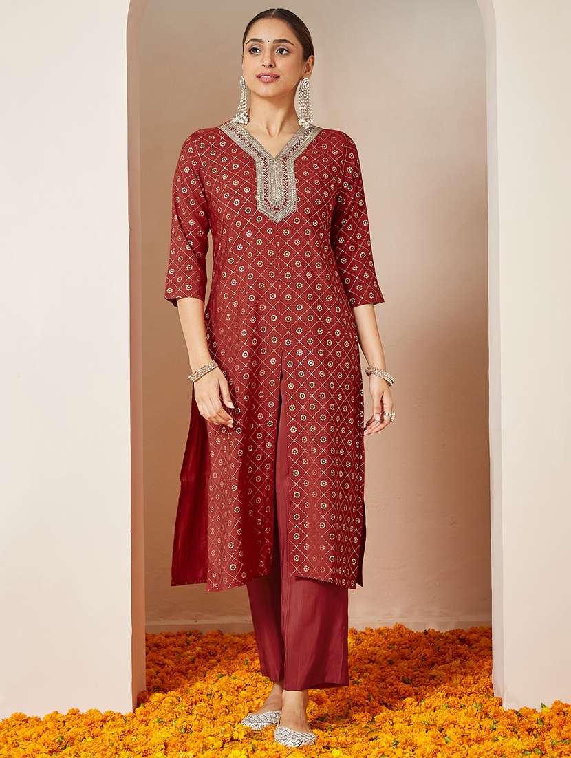 women embroidered three quarter sleeve kurta pant set - 22156232 - Standard Image - 2