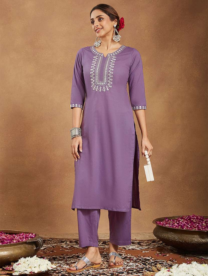 women embroidered three quarter sleeve kurta pant set - 22156238 -  Standard Image - 2