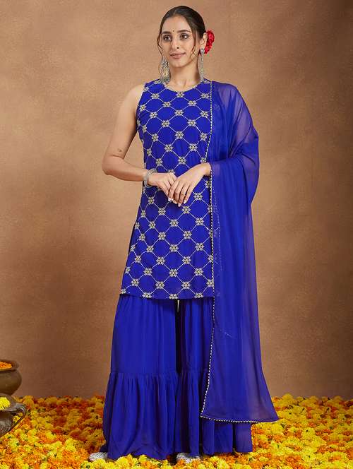 women embroidered sleeveless kurta sharara with dupatta set - 22156240 -  Standard Image - 0