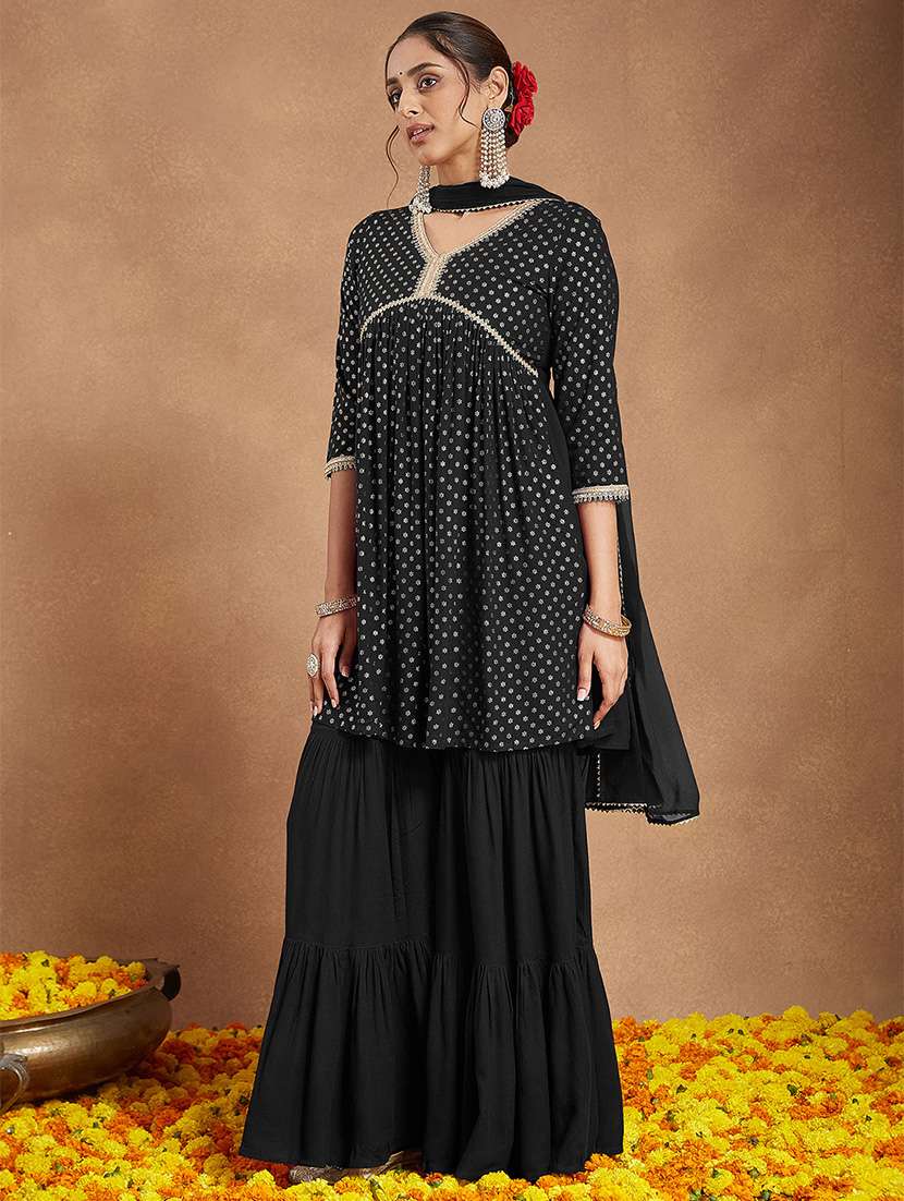 women foil printed three quarter sleeve kurta sharara with dupatta set - 22156243 -  Standard Image - 2