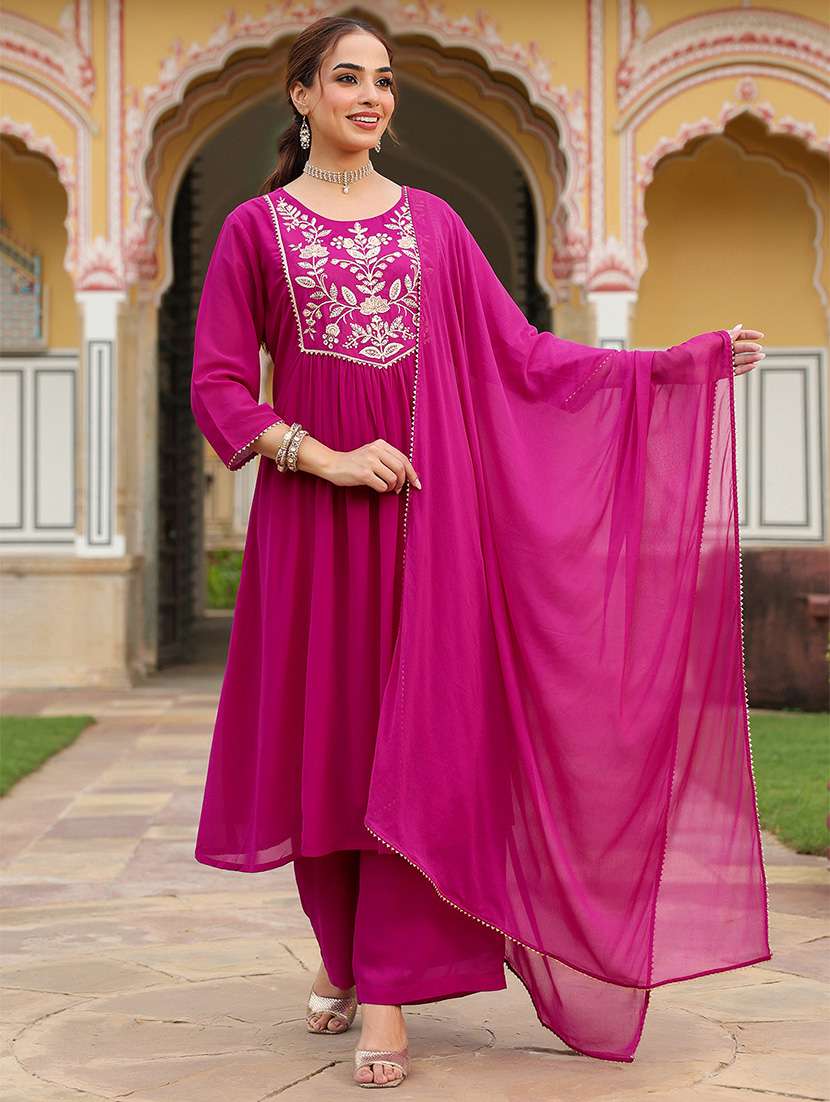 women embroidered three quarter sleeve kurta palazzo with dupatta set