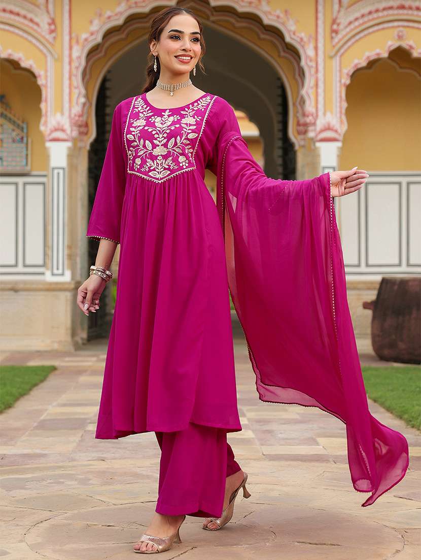 women embroidered three quarter sleeve kurta palazzo with dupatta set - 22156244 -  Standard Image - 2