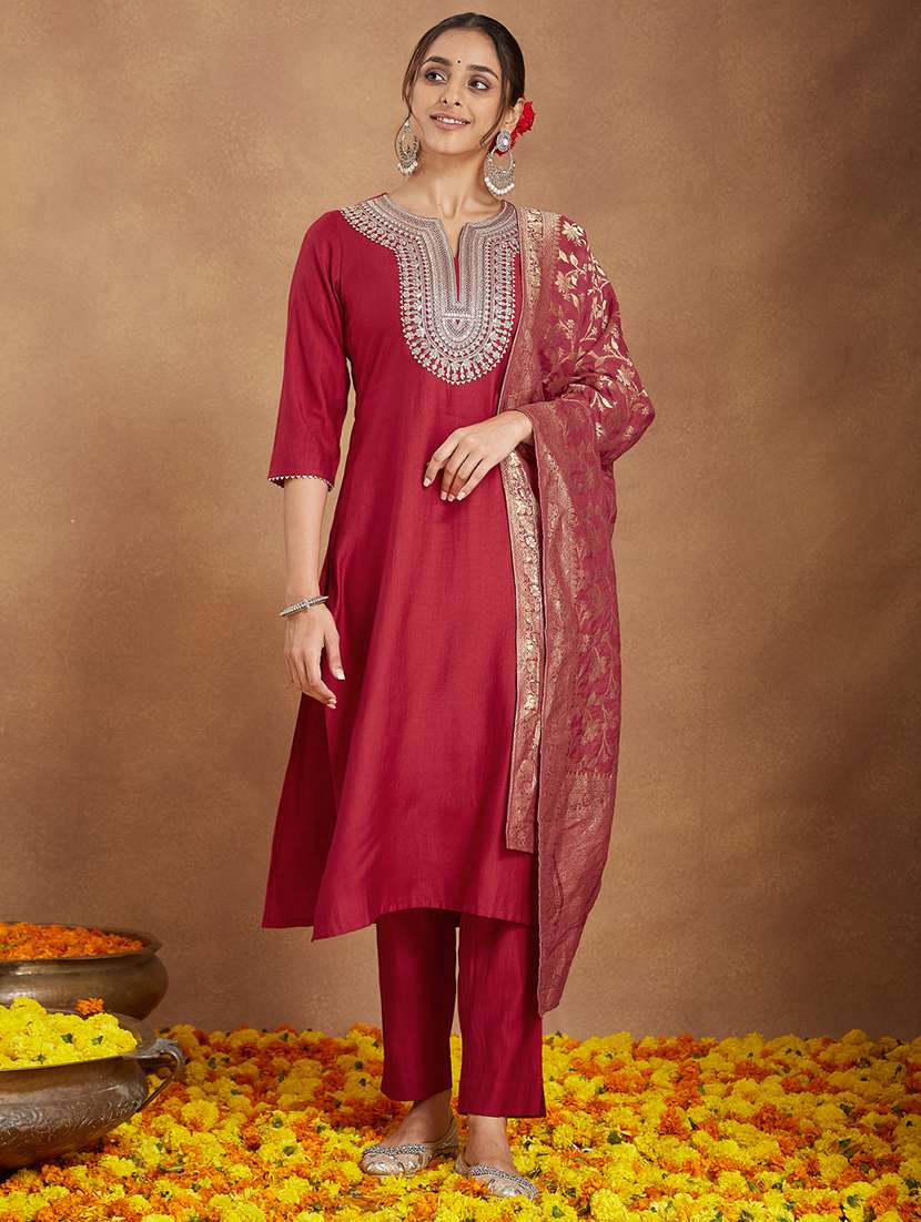 women embroidered three quarter sleeve kurta pant with dupatta set - 22156247 -  Standard Image - 2