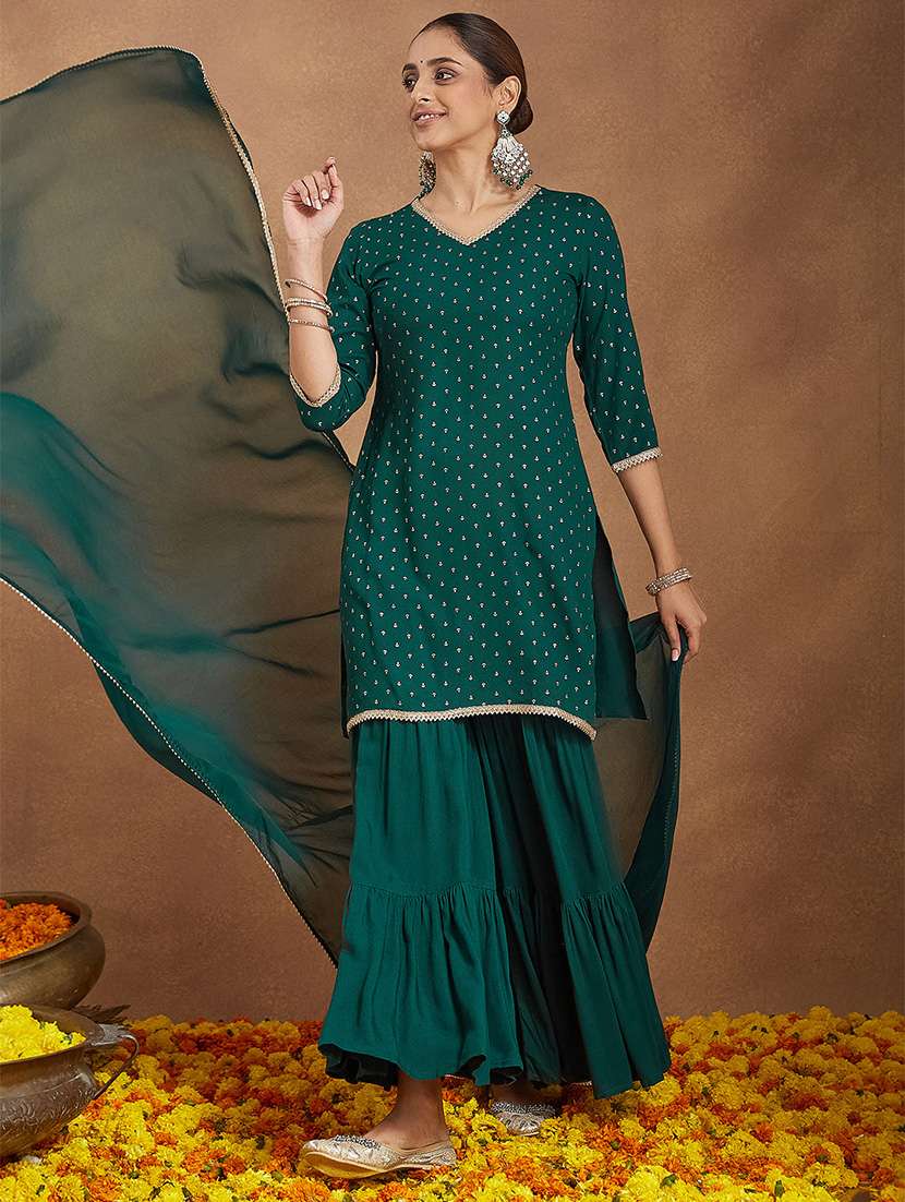 women foil printed three quarter sleeve kurta sharara with dupatta set - 22156250 -  Standard Image - 2