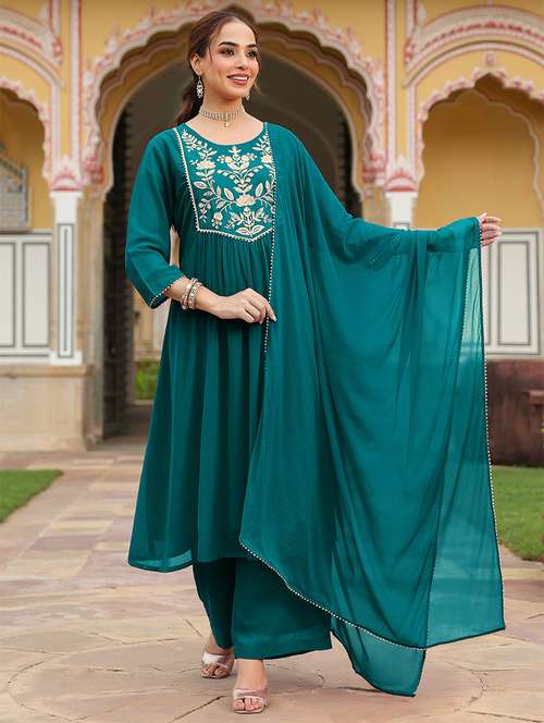 women embroidered three quarter sleeve kurta palazzo with dupatta set - 22156252 -  Standard Image - 0
