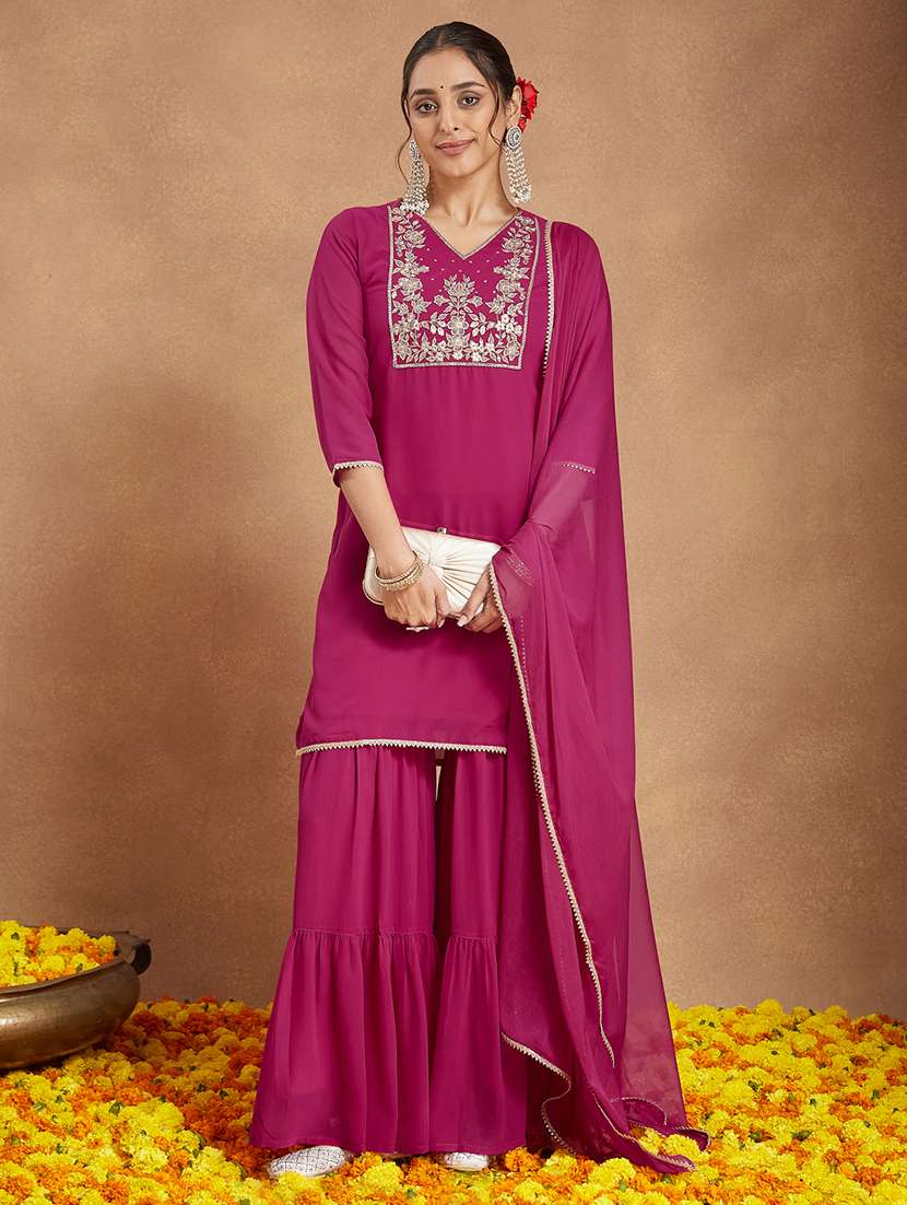 women embroidered three quarter sleeve kurta sharara with dupatta set