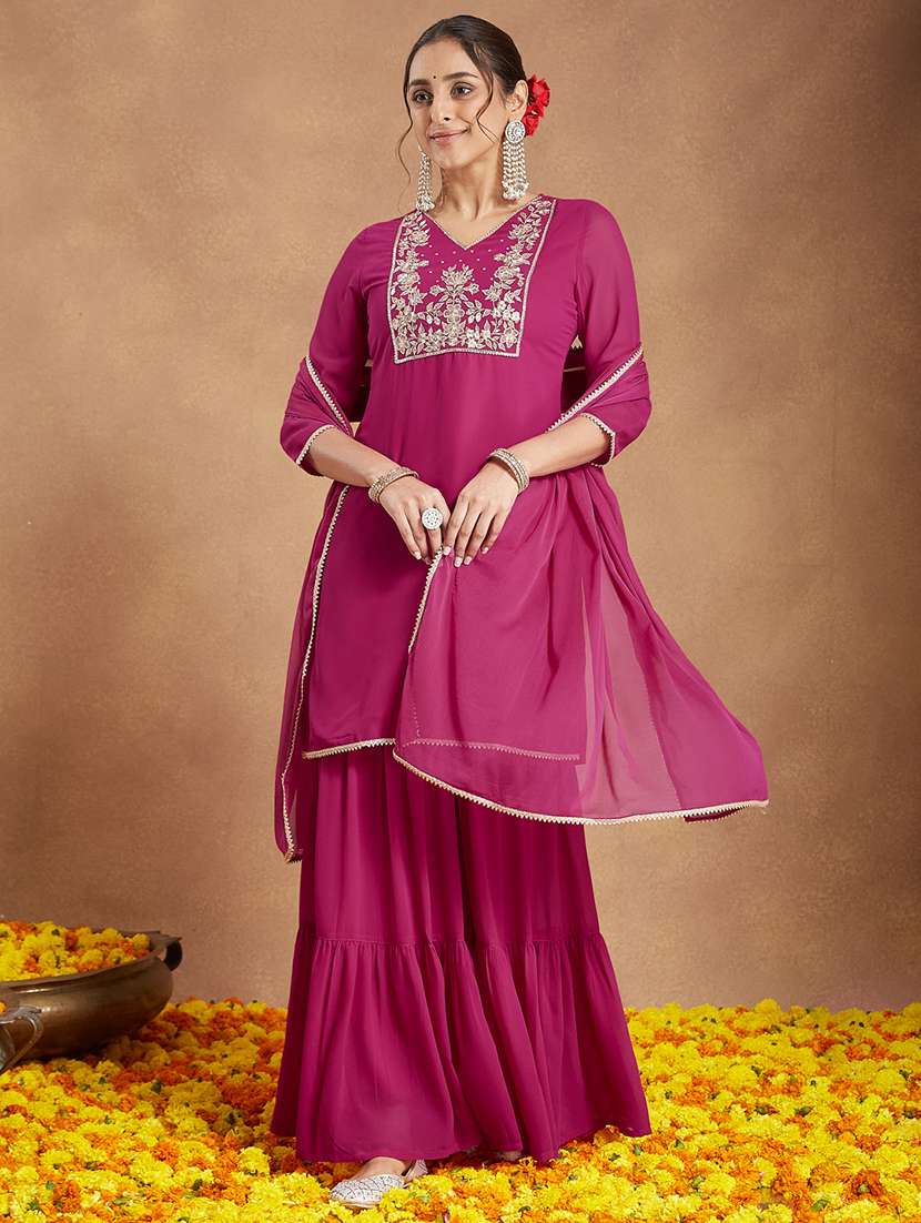 women embroidered three quarter sleeve kurta sharara with dupatta set - 22156255 -  Standard Image - 2