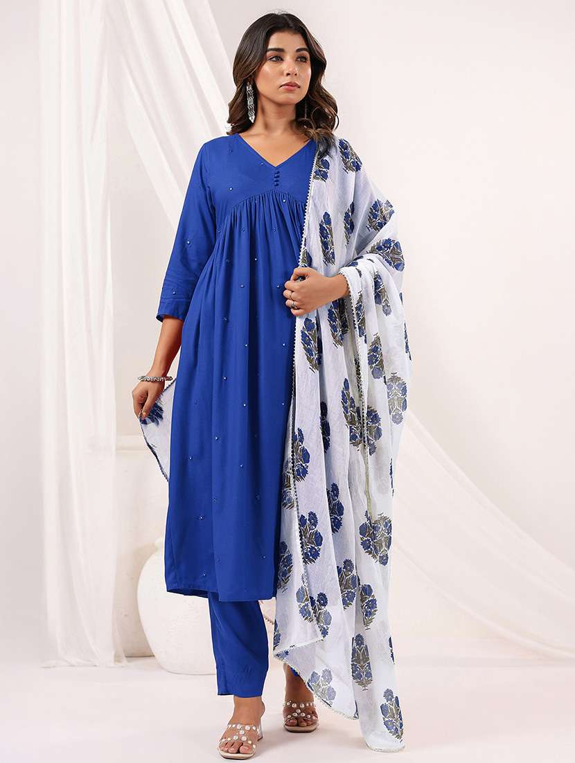 women embroidered three quarter sleeve kurta pant with dupatta set - 22156259 -  Standard Image - 2