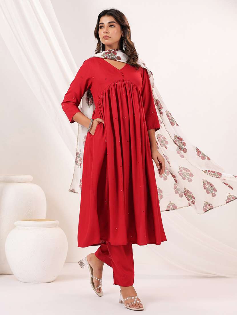 women embroidered three quarter sleeve kurta pant with dupatta set - 22156261 -  Standard Image - 2