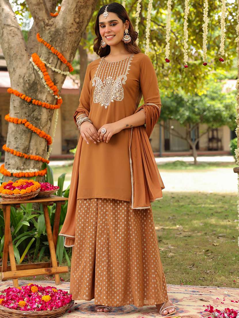 women embroidered three quarter sleeve kurta sharara with dupatta set