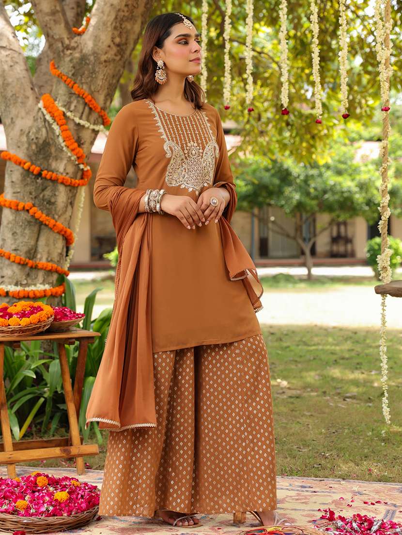 women embroidered three quarter sleeve kurta sharara with dupatta set - 22156264 -  Standard Image - 2
