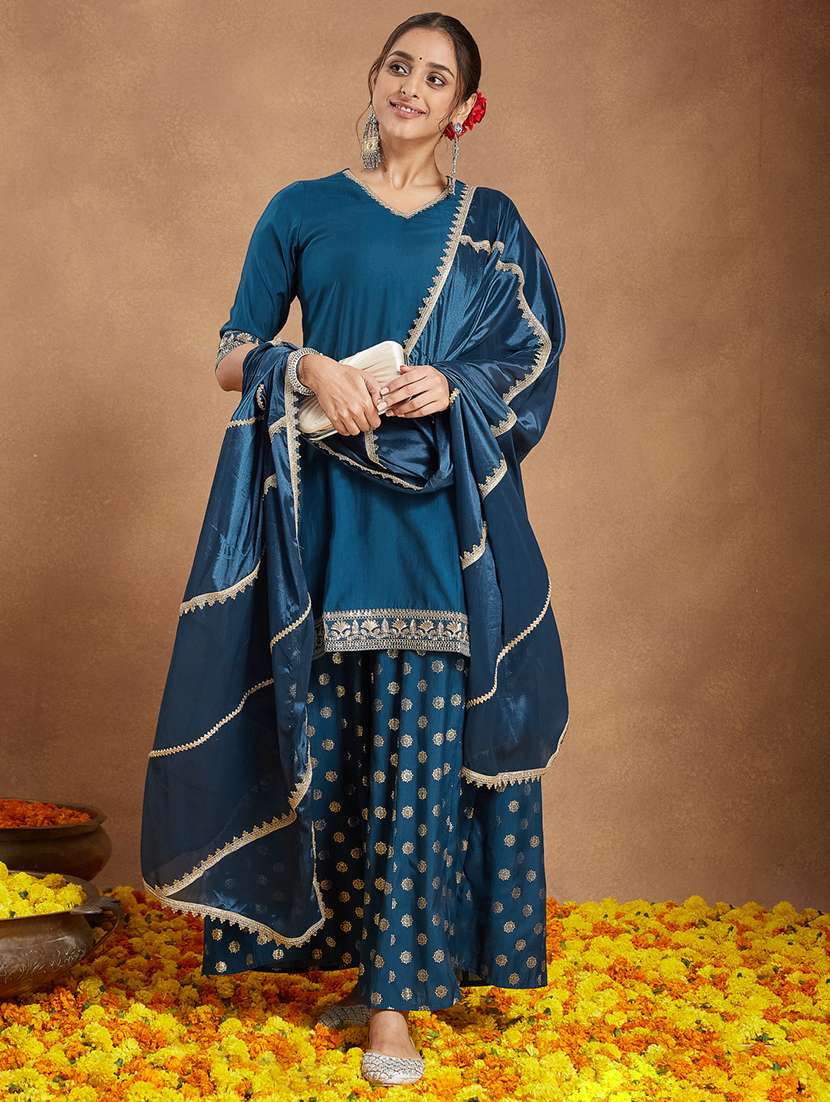women embroidered elbow sleeve kurta sharara with dupatta set