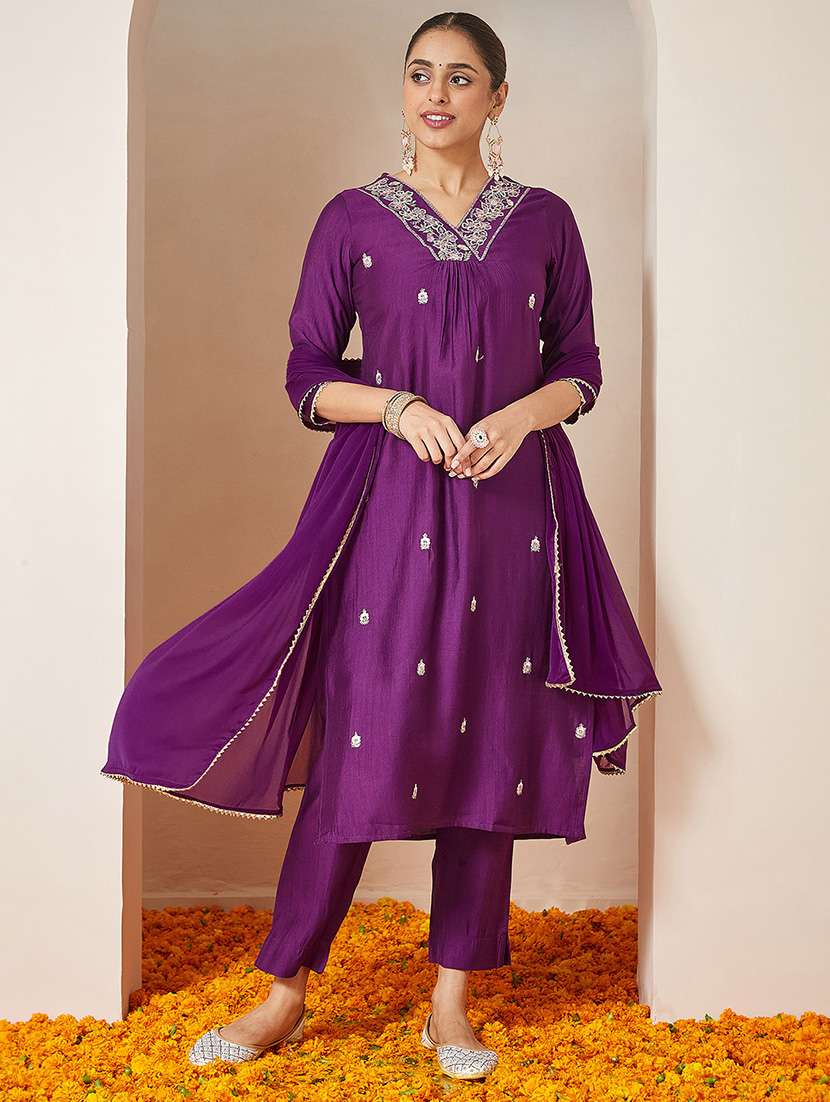 women embroidered three quarter sleeve kurta pant with dupatta set - 22156274 -  Standard Image - 2