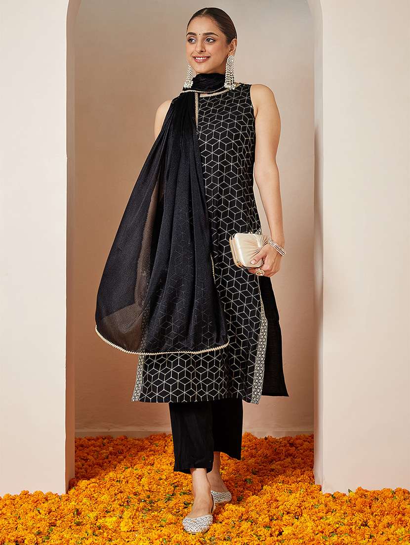 women geometric sleeveless kurta pant with dupatta set - 22156281 -  Standard Image - 2