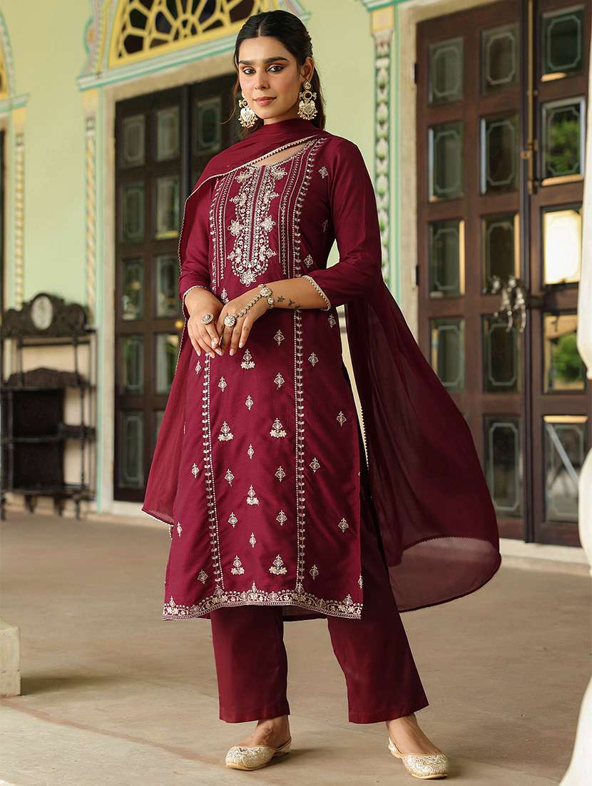 women embroidered three quarter sleeve kurta pant with dupatta set - 22156283 -  Standard Image - 2