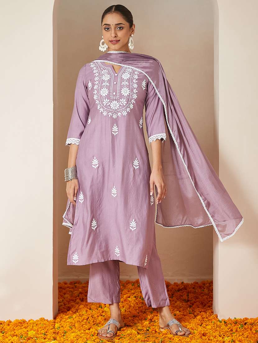women embroidered three quarter sleeve kurta pant with dupatta set - 22156286 -  Standard Image - 2